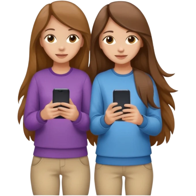 two brown haired girls, looking professional maybe leaned on each others back and looking forward and using phones, with long hair and with some cute clothes without ties, one girl can hold lap top another one can hold the phone emoji