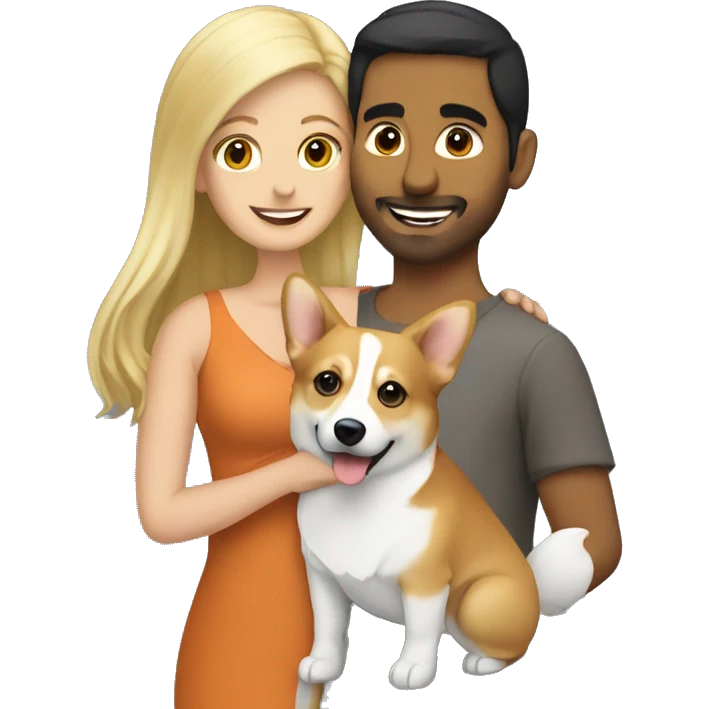 blonde girl with arab guy holding a corgi in their arms emoji