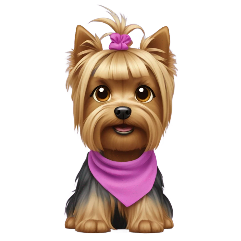 the face of a  Yorkshire Terrier  with a baby face with a ponytail on its head with a purple elastic band and pink short  emoji
