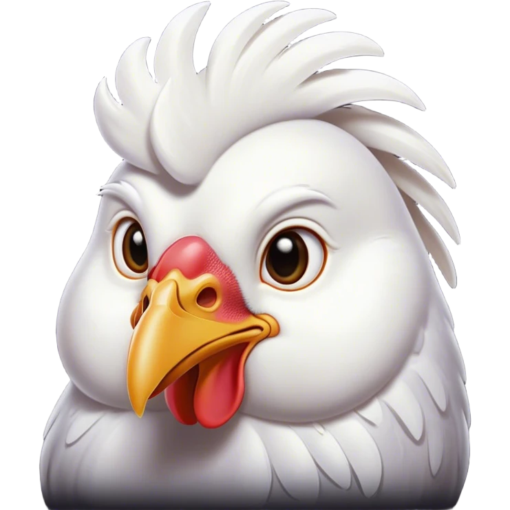 Cinematic Noble White Chicken Portrait Emoji, Poised and regal, with a compact, sturdy build and a pristine, well-groomed pure white plumage, deep-set soulful beady eyes, Simplified yet sharp and sophisticated features, highly detailed, glowing with a soft, dignified glow, high shine, intelligent and alert, stylized with an air of barnyard elegance, focused and attentive, soft glowing outline, capturing the essence of a watchful and confident fowl, so majestic it feels as though it could strut out of the screen with effortless authority! emoji