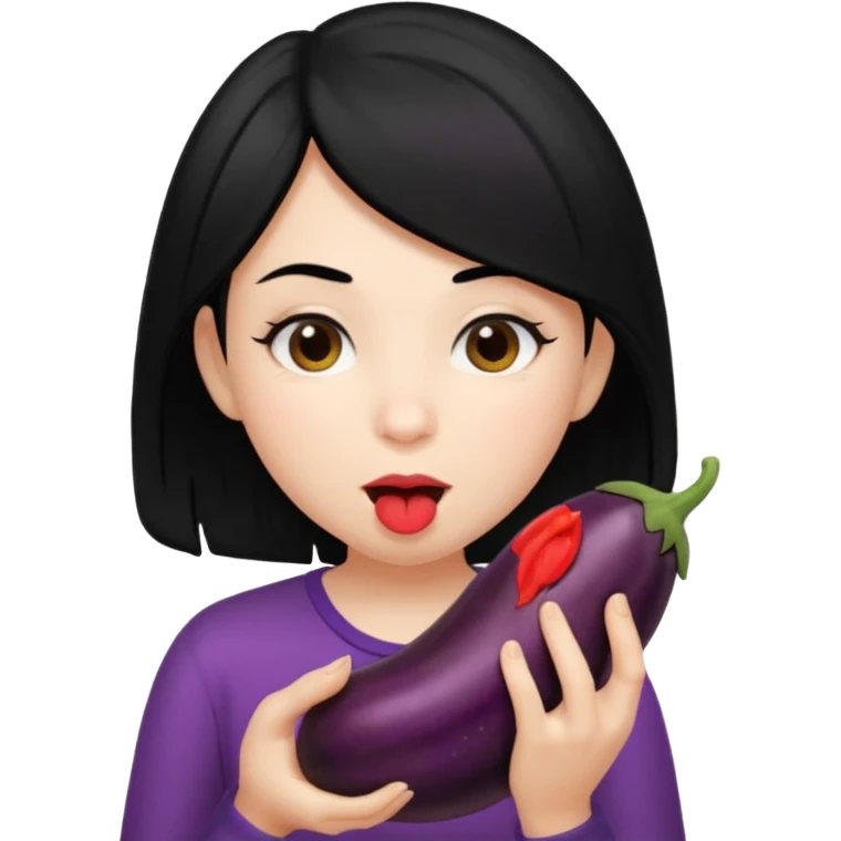 girl black hair with a black hairy eggplant in her mouth emoji