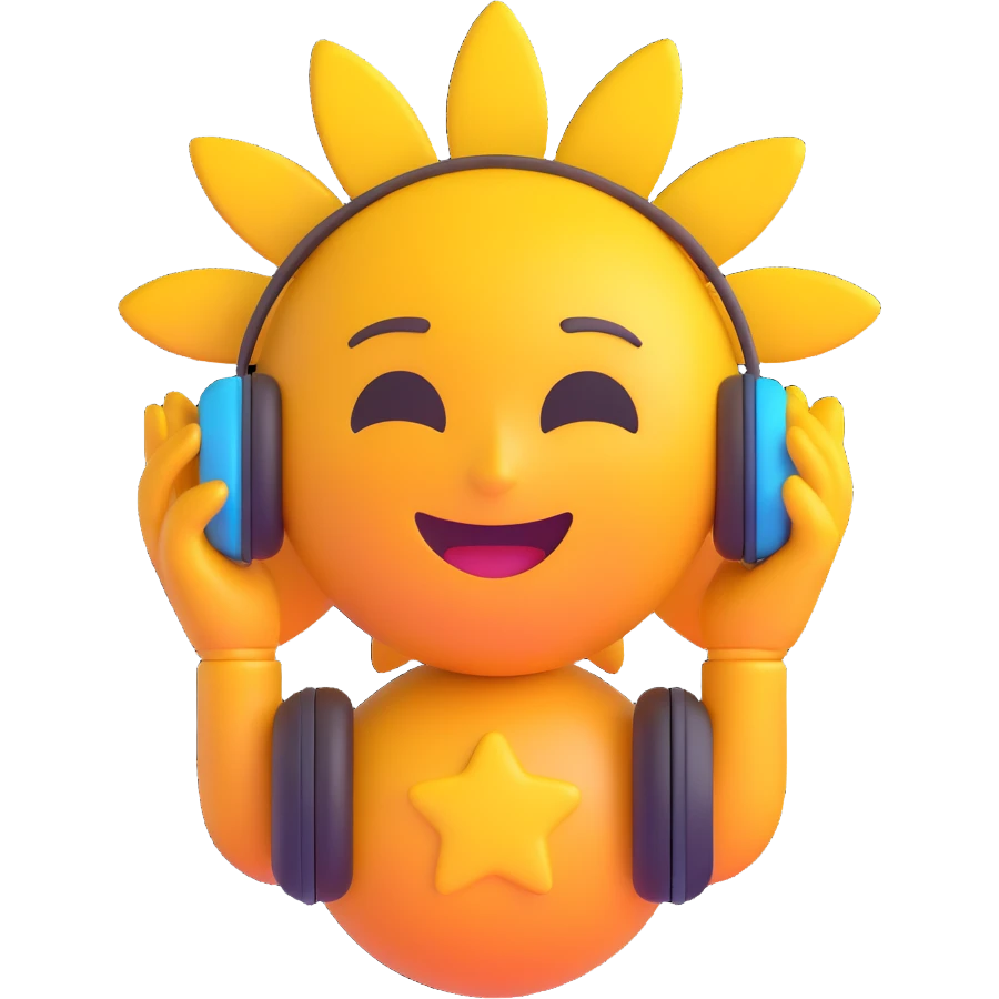 Add headphones to the sun DJ in 3D emoji style with no background. emoji