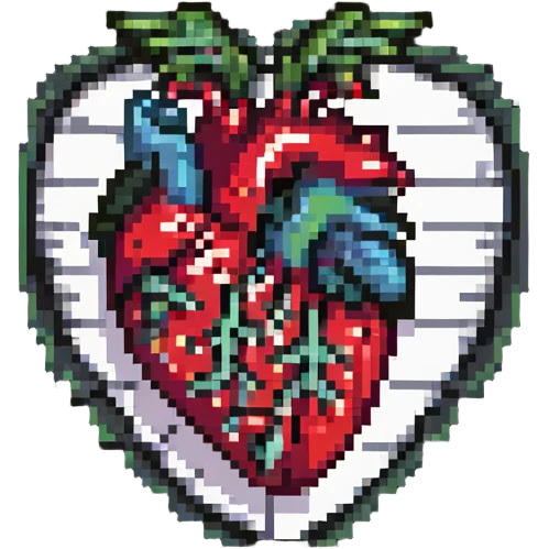 cartoonish anatomical heart with mouth open, musical notes around, pixel art emoji