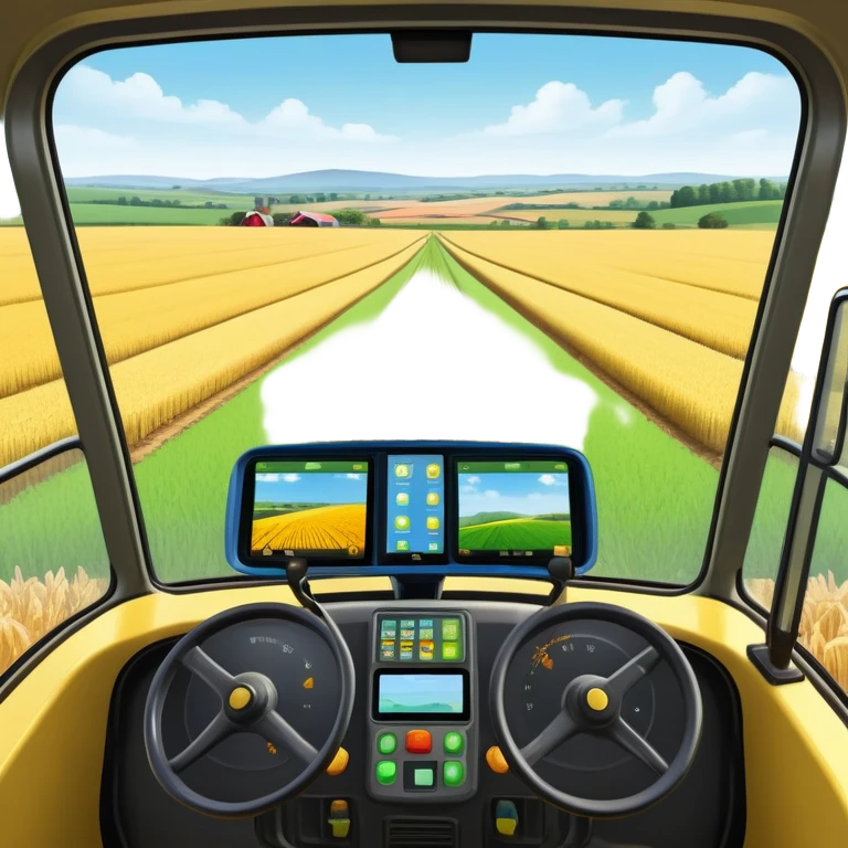 a view from the tractor cabin, with the dashboard in focus, overlooking a vibrant rural landscape. Inspired by Farming Simulator 22, the scene includes fields, crops, and distant barns under a bright sky. The design highlights the immersive experience of farm management. transparent background emoji