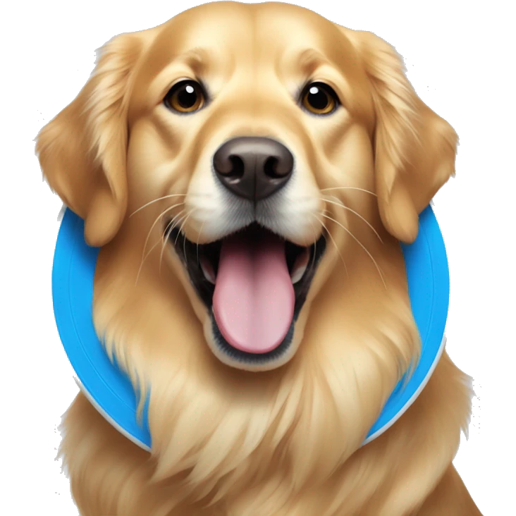 Golden retriever holding big blue frisbee in its mouth emoji