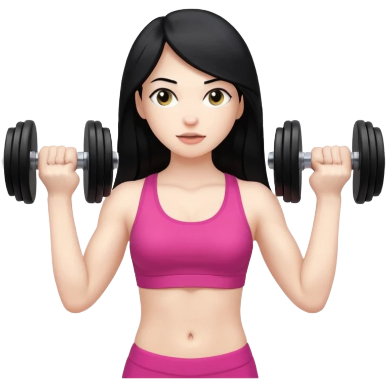 Pale girl with long black hair using dumbbells emoji