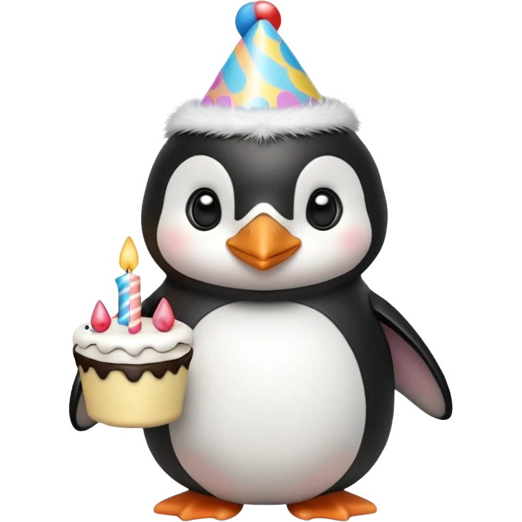 cute penguin with birthday hat hold a birthday cake in arms emoji