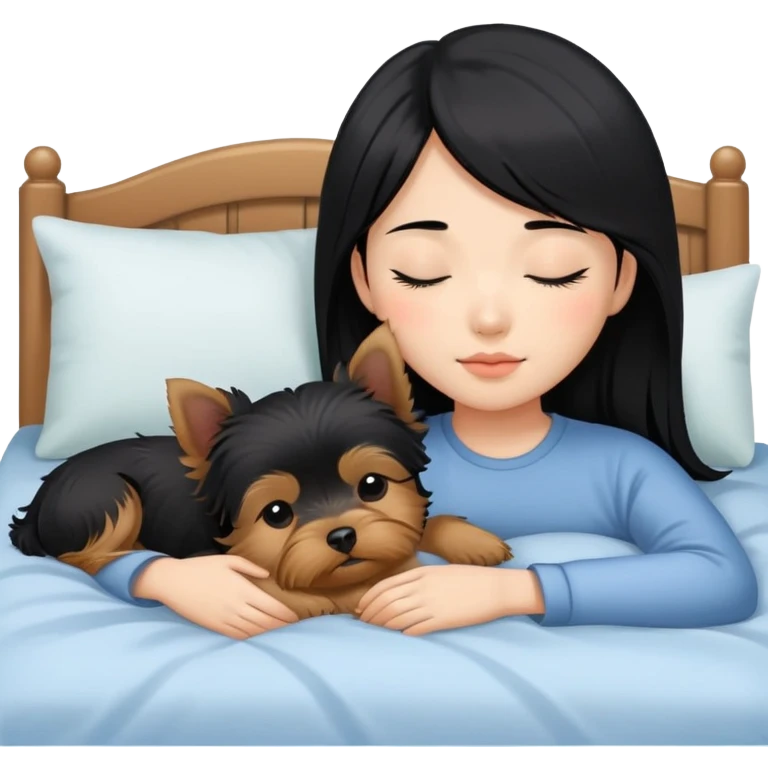 pretty asian girl with black hair sleeping in bed with yorkshire terrier emoji