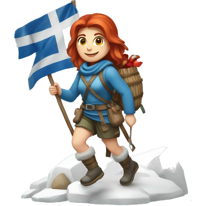 Greek Female winter mountaineer red hair white skin climbing with Greek Flag and Easter eggs basket emoji