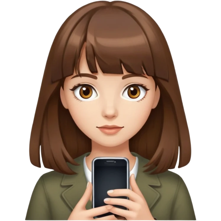 "A girl with brown hair and bangs, medium length hair, brown eyes, long eyelashes, holding a phone." emoji