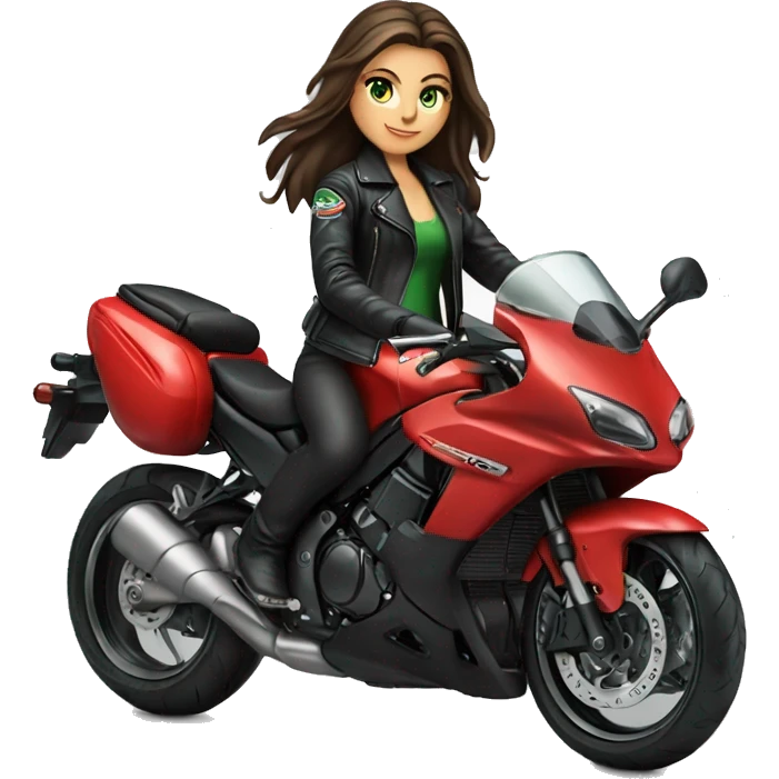 Brunette Girl with Green eyes, Long hair, wearing a black leather jacket is riding a red Kawasaki Sport motorbike emoji