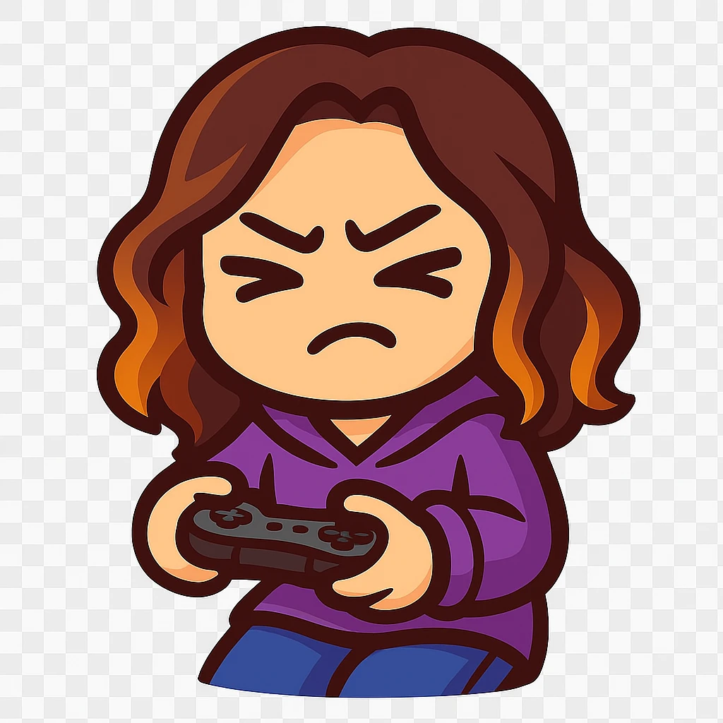 Update this chibi emote to remove the headband, sparkles, and wand. Change the outfit to a purple hoodie and jeans, holding a game controller in a gaming pose emoji