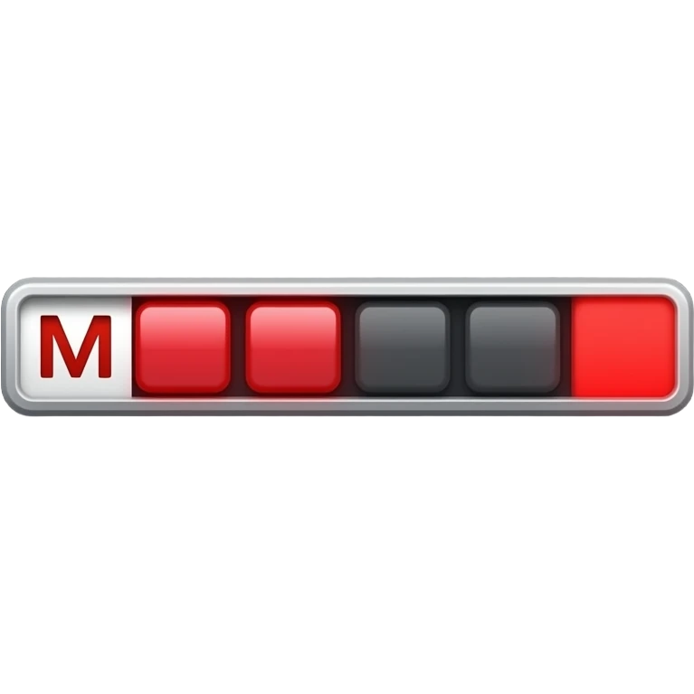 Sleek digital interface element centered on a dark matte background. On the left, a chrome bracket containing a red "M". Next is a progress bar: three glowing red segments and three empty grey segments. Bright red square ending. Cyberpunk aesthetic. emoji
