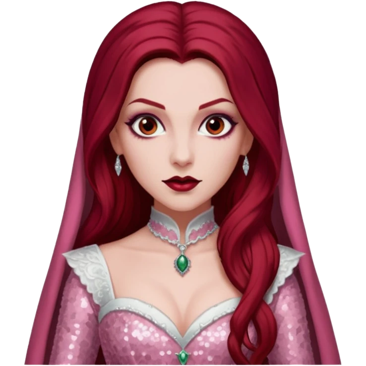 Aleera, Bride of Dracula from Van Helsing with long dark red hair, light pink sequin outfit emoji