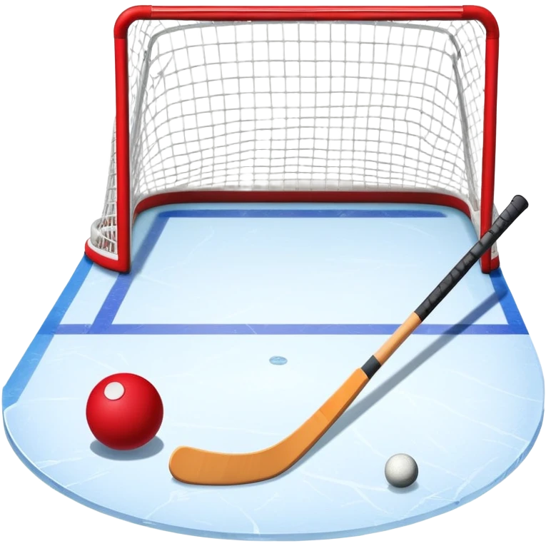 A red ball and hockey stick resting on an ice rink, with the goalposts and clear markings in the background. The scene captures the unique nature of field hockey with a ball on ice, emphasizing the speed and precision of the sport in a cold, competitive atmosphere. emoji