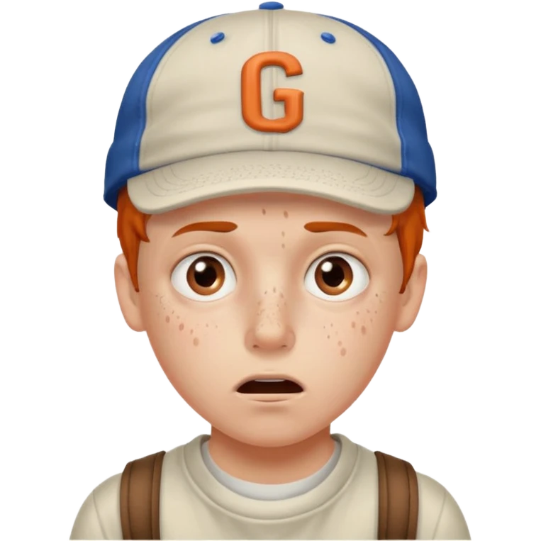 Um garoto branco, com a feição de assustado, usando um boné da Guccy emoji