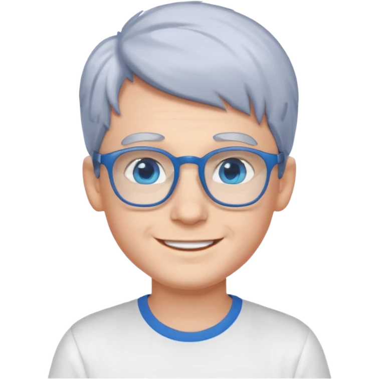 smiling boy in white shirt with blue glasses and blue eyes and gray hair  emoji