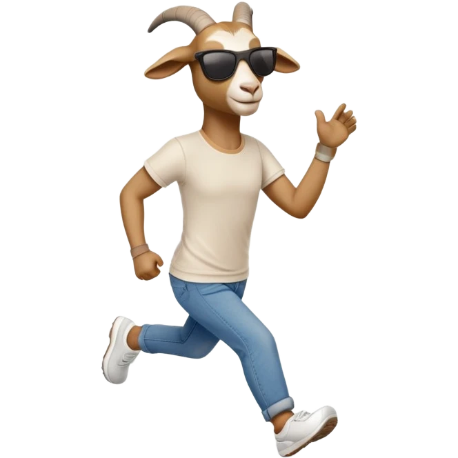 friendly anthropomorphised goat in jeans and a t-shirt, wearing dark sunglasses, jogging upright in relaxed pose emoji