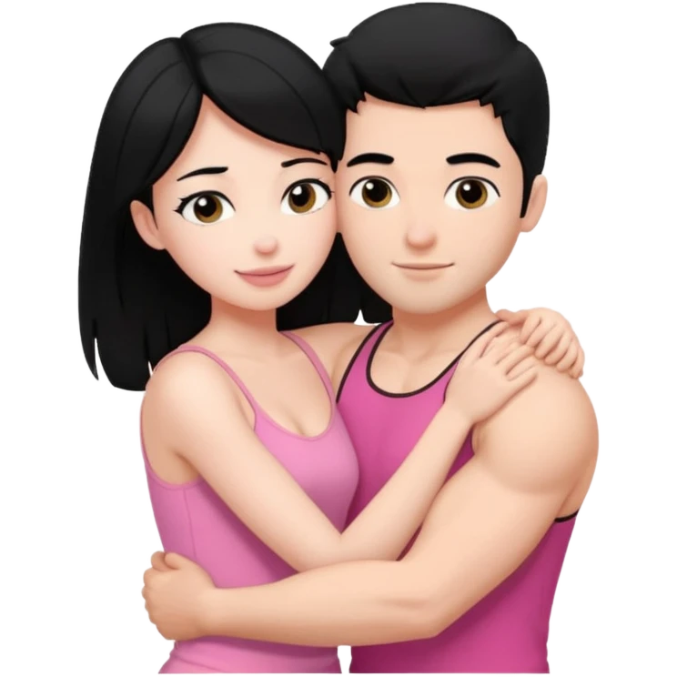 a pretty bratz fair girl. black hair, wearing a pink cami top hugging a handsome fair guy with black hair. lean but muscular emoji