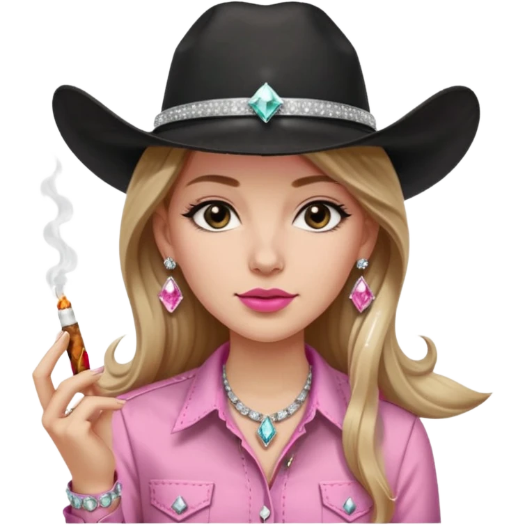 White girl, black cowboy hate with hat band sparkling, long light brown straight hair, pink and black western shirt, smoking a joint,  big white diamond stud earrings emoji