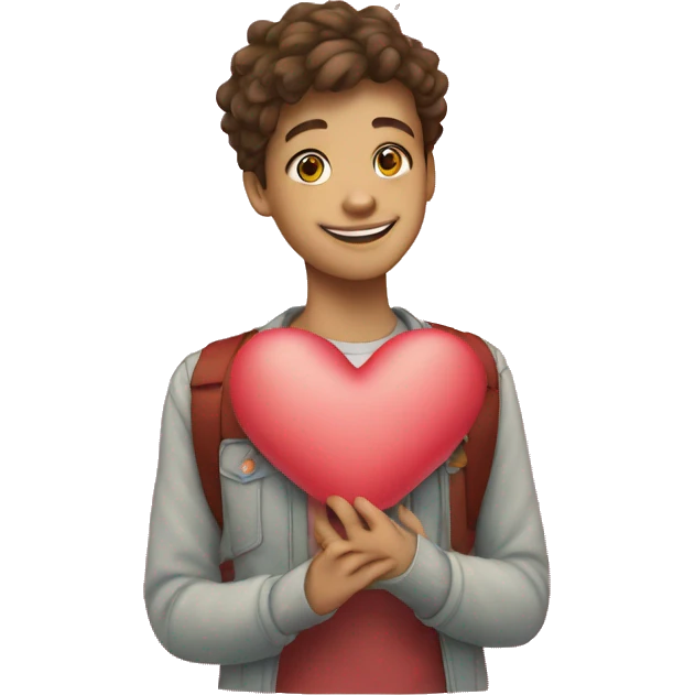 A smiling teenager holds a heart that is made up of small squares emoji