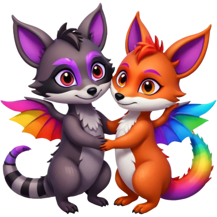black female raccoon dragon hybrid with rainbow colored wings and purple eyes giving a big hug to a red female fox dragon hybrid with rainbow colored wings and orange eyes emoji