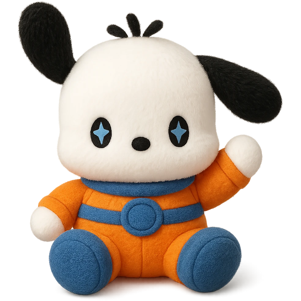 Make Pochacco white with black ears, wearing an orange and blue space suit, keep plushy Popmart doll style, cute and playful, no background. The style should reflect a plushy Popmart doll look, cute and playful. emoji