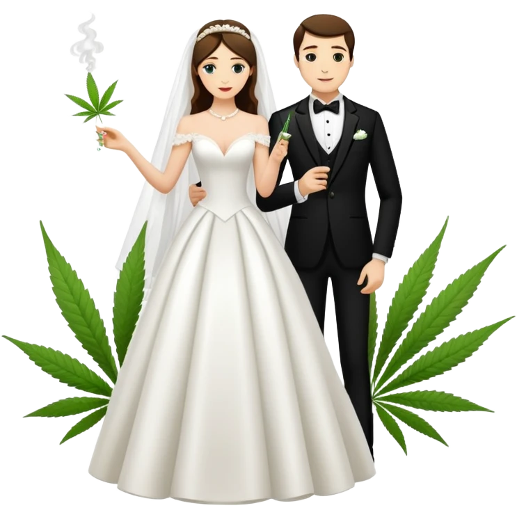 A bride in white wedding dress and groom in tuxedo, full body, sharing a cannabis joint, wedding couple emoji