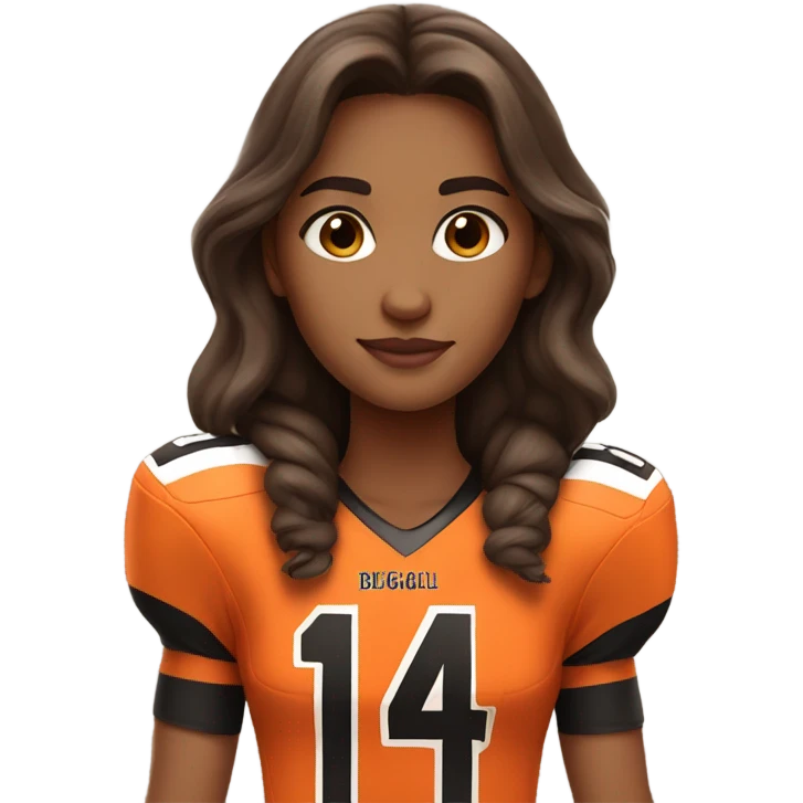 Girl with long brown hair, wearing orange and black Bengals football jersey emoji