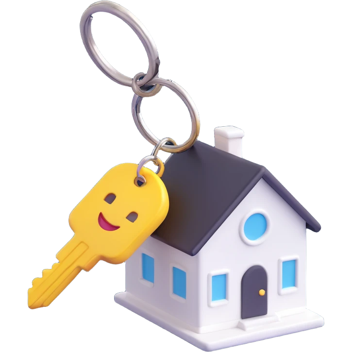 white key with a white house-shaped keychain on a chain, 3D Emoji style, angled view, soft shadows and highlights, transparent background, no decoration emoji