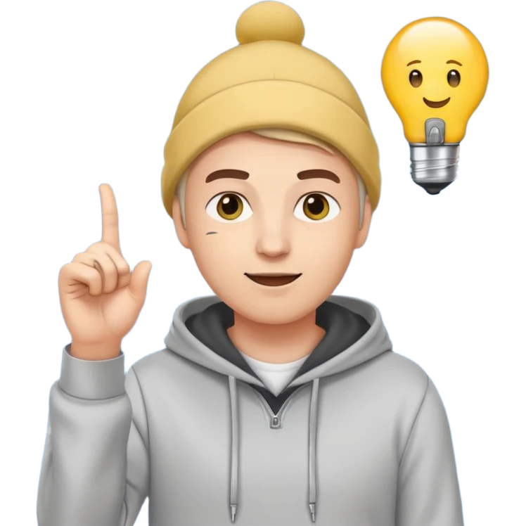 startup founder with a light bulb above head and one finger pointing up, wearing a casual hoodie, emoji style emoji