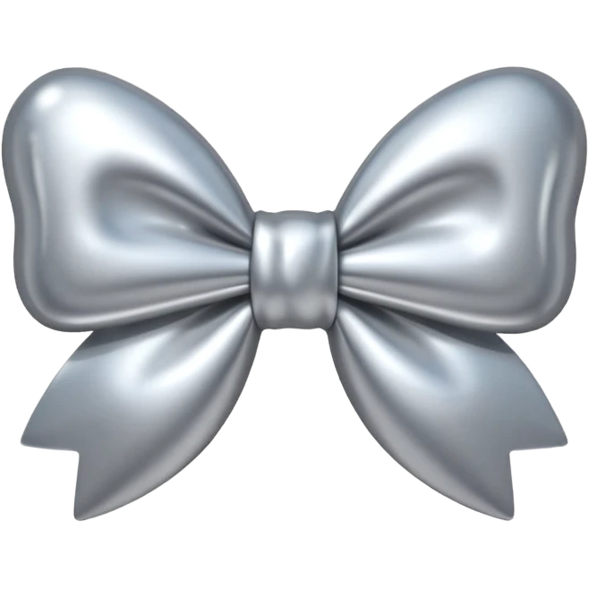 A cute bow emoji made of polished silver chrome, smooth rounded loops, glossy metallic surface, soft mirror reflections, subtle highlights, minimal and adorable proportions, iOS emoji style, centered composition, clean white background, soft studio lighting, no text, no outline, ultra high quality emoji