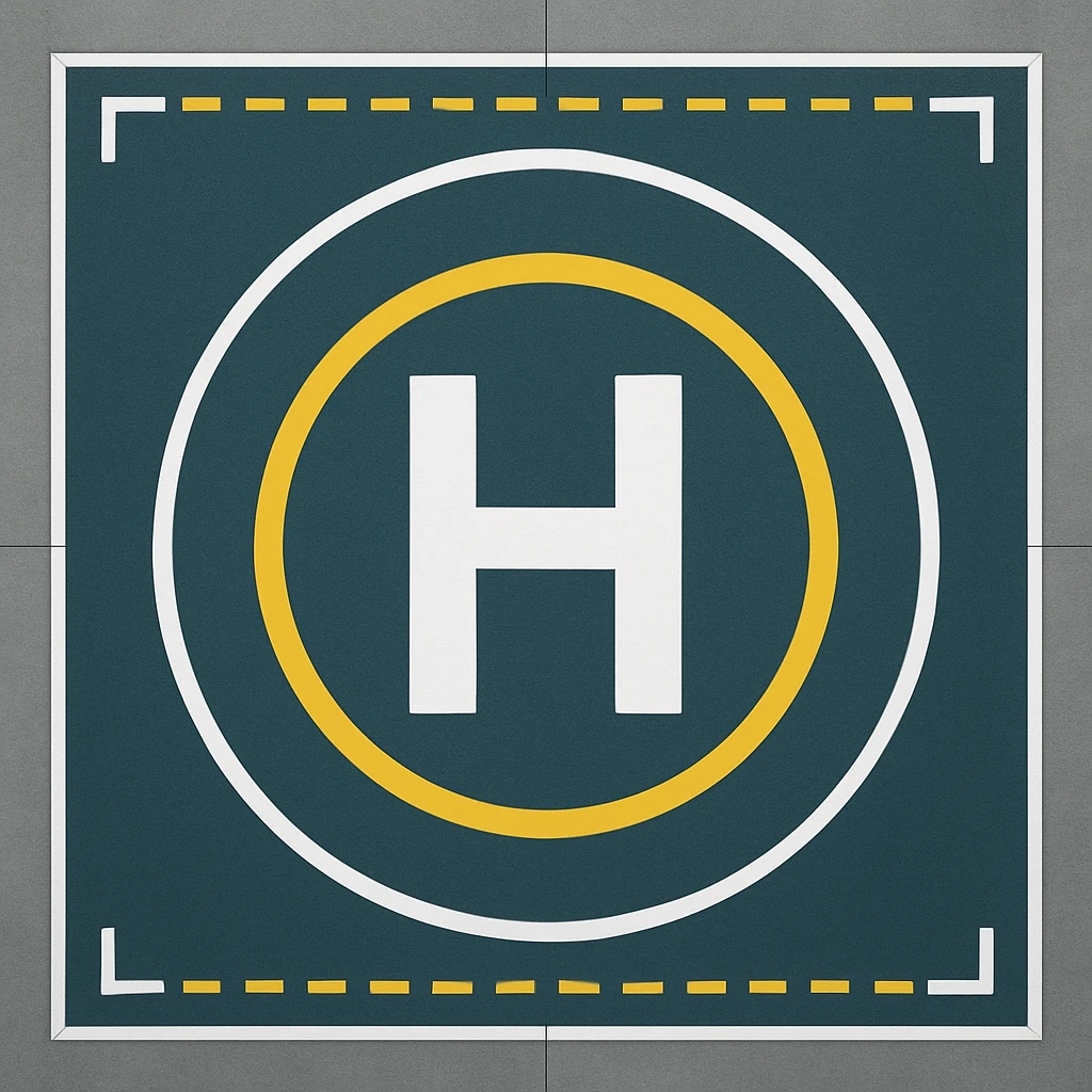 modern helipad, top view, platform with a large H in the center, white and yellow line details, clear and recognizable style emoji