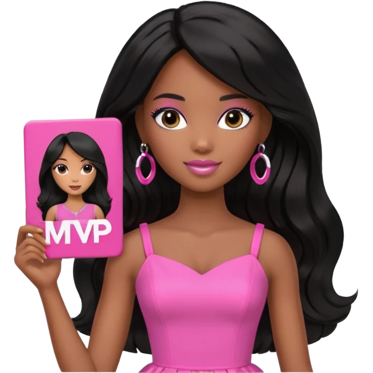 Black barbie, long black  hair, pink dress holding mvp sign  emoji