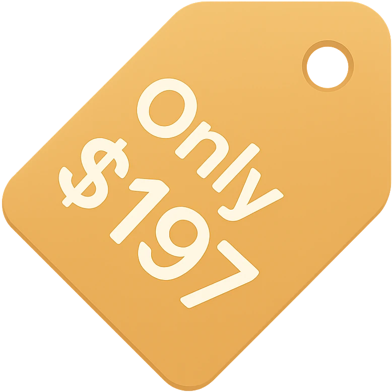 icon with text 'Only $197', color icon style, bold, friendly, modern, clear, rounded font, price tag or label element emoji