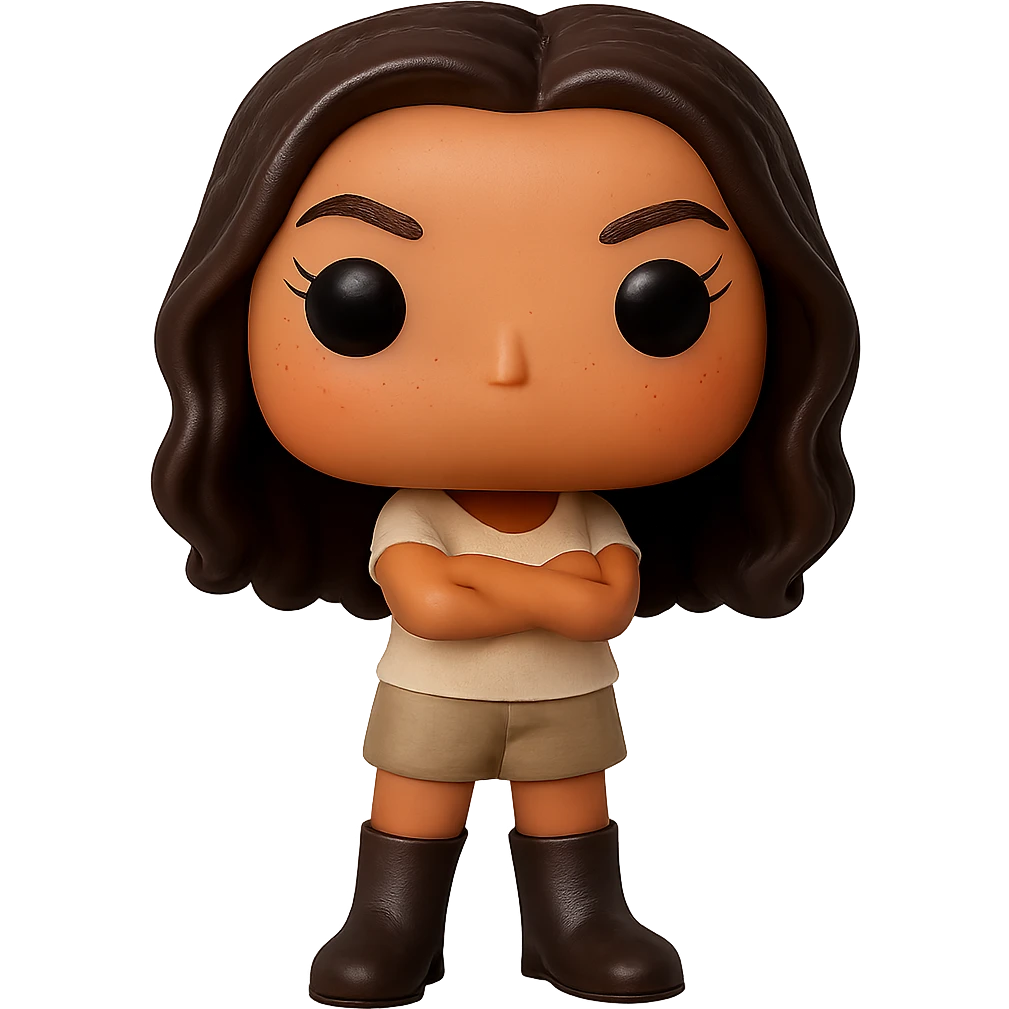 Enhance the image quality with smooth skin, a healthy tanned complexion, dark hair with subtle auburn highlights, dark greige leather boots, textured clothing (cream top, greige bottom), arms crossed as in the reference image, peach coral cheekbones, subtle freckles, no neck visible, eyebrows with a mischievous and playful expression, no mouth, transparent background. Maintain the original style and pose from the reference image. emoji