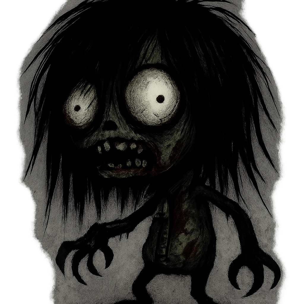 GIR as a zombie with long black shaggy emo hair, dark and spooky, creepy expression emoji