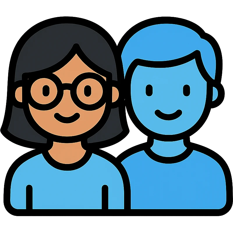 a light brown girl with black medium hair, clear glasses, wearing a light blue top, and a light blue boy next to her emoji