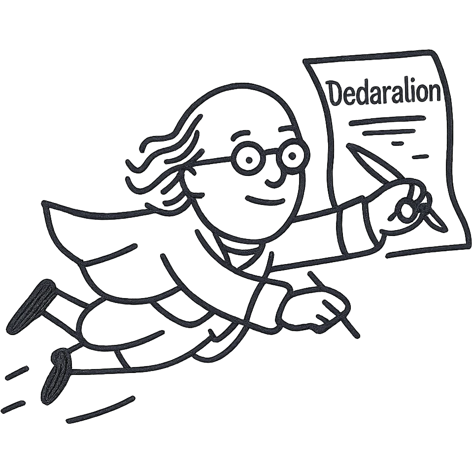 Make Ben Franklin look like the reference image, flying through the air, holding a scribe and the Declaration of Independence paper. Render in a minimalist black outline style with no fill, suitable for a startup logo. emoji