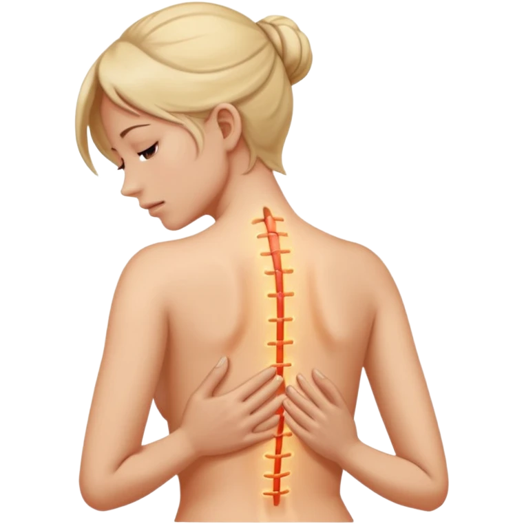 mulher com dor no corpo todo com a mao na coluna indicando dor emoji