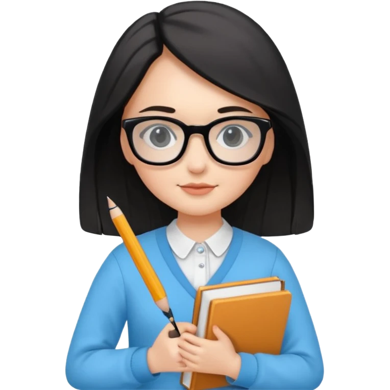 cute girl, glass, smart, Sky-blue colored clothing,
holding a book in one arm and a pen in the other hand.Holding a pen in the right hand as if teaching.Wearing black glasses, with a smart and bright-looking face. emoji