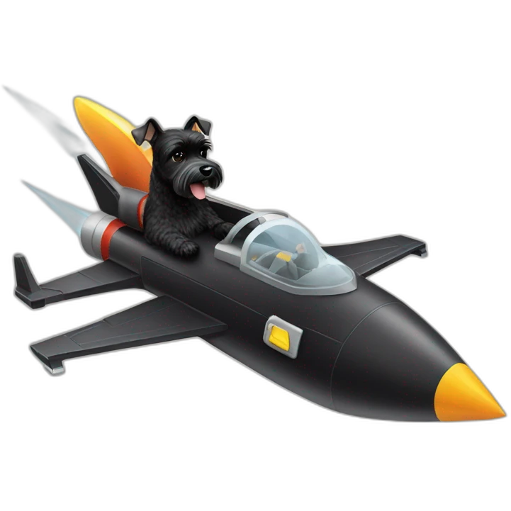 Miniature black Schnauzer piloting a rocket emoji
