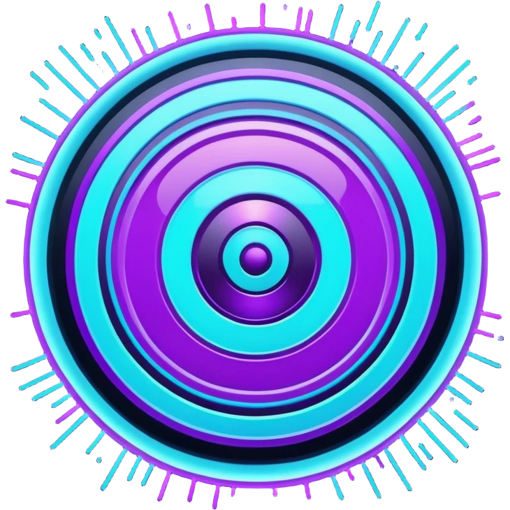 Futuristic glowing bullseye target emoji, neon purple and cyan holographic glow, dark background, digital tech style, abstract sparkles, no face. emoji