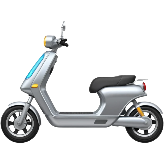 A futuristic electric scooter emoji made of silver chrome, sleek minimal frame, smooth metallic surface, subtle reflections, modern urban design, iOS emoji style, centered, clean white background emoji