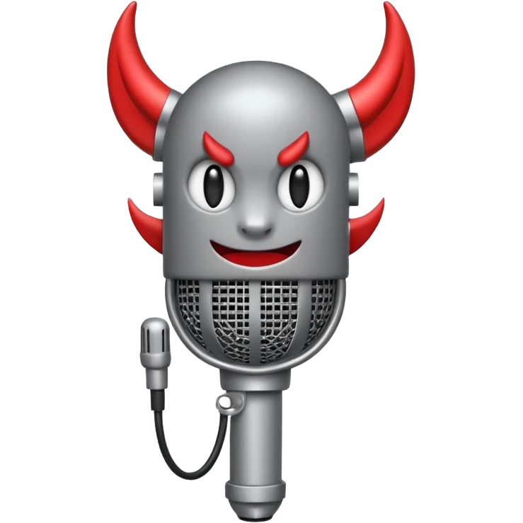 Minimalist emoji-style sticker of a classic retro microphone with small devil horns and a subtle tail wrapping the base. Grayscale with slight red accents.
 emoji