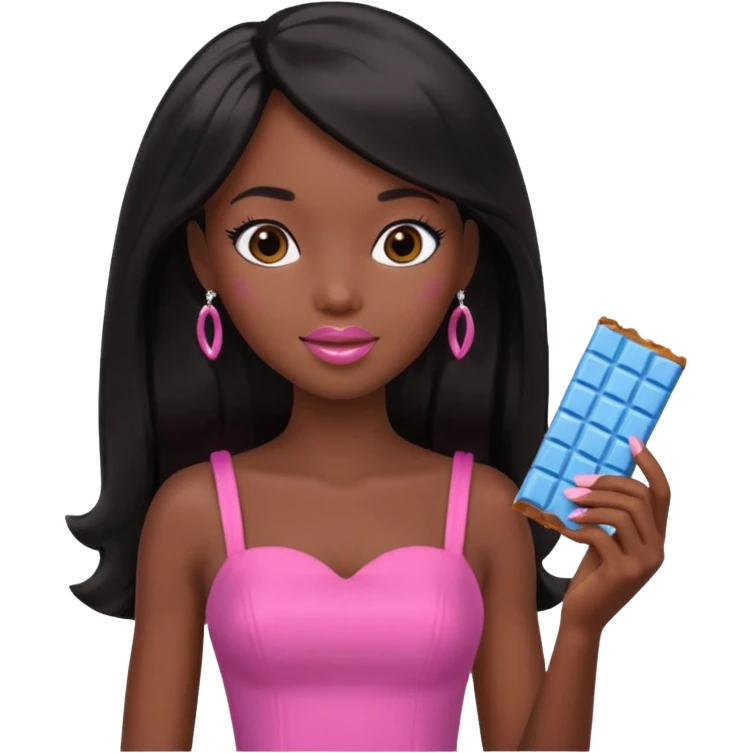 Black barbie, long black  hair, pink dress eating chocalate bar emoji