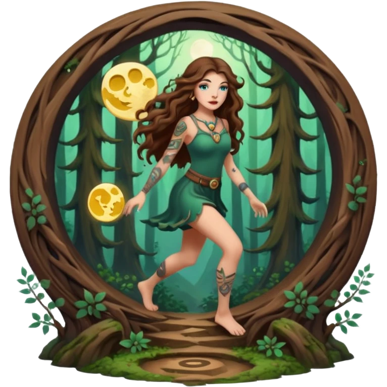 forest mystic woman long wavy brown hair tattoos stepping through small moon portal emoji