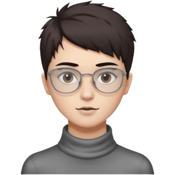 personagem com corte de cabelo o corte de cabelo Wolf cut o nome do corte de cabelos indo até o pescoço, cabelo castanho escuro, olho castanho escuro, sombrancelha castanho escuro, óculos sem aro prata quadrado. rosto fino, meio emo sabe  emoji