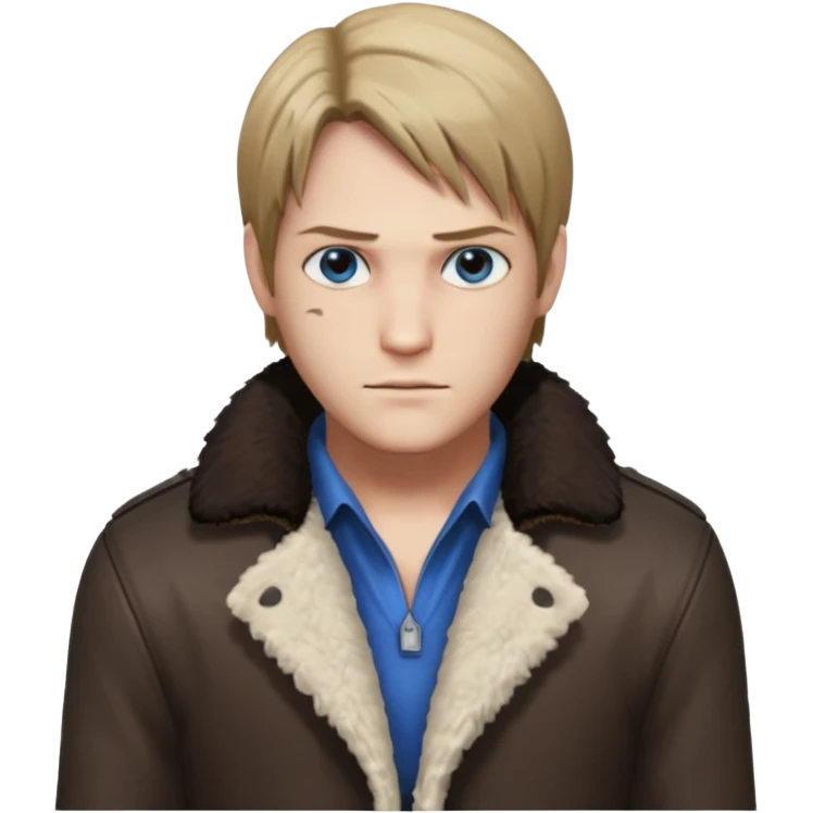 Leon Kennedy from resident evil 4 remake in sheepskin coat and black t-shirt blue eyes clean-shaved emoji
