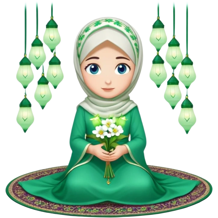 Turkish beautiful finish Konya girl blue eyes with green and white flower hijab long tail dress and sits on the pray mat on the ground and hold green ramadan lights on hand  emoji